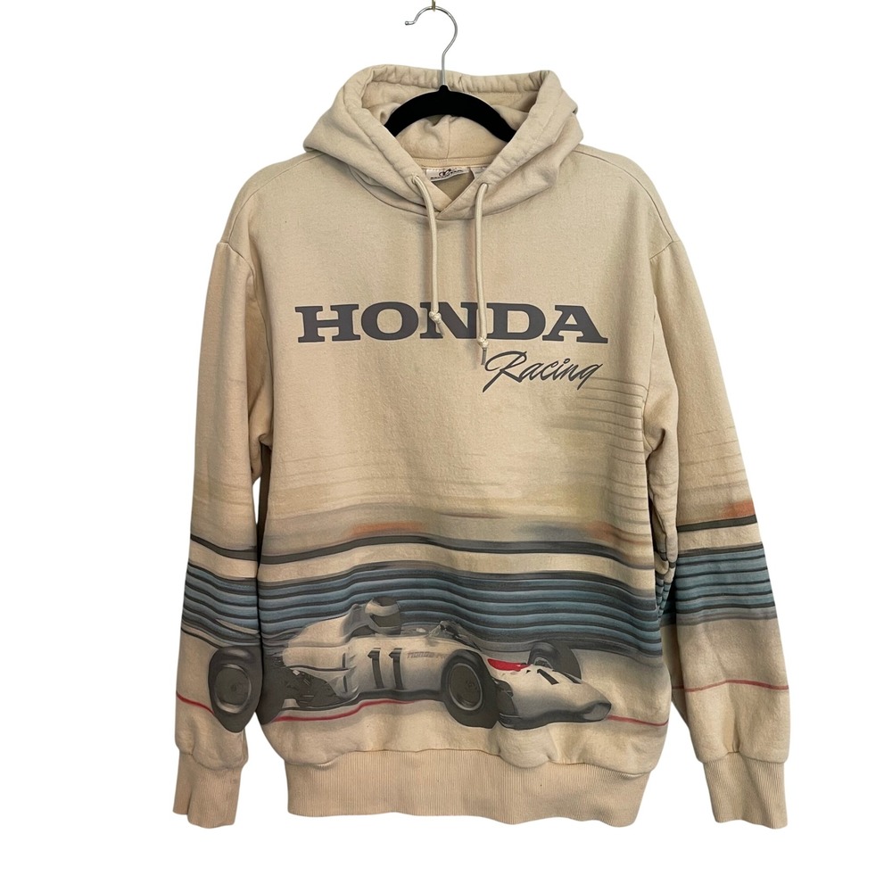 Honda Racing Graphic Hoodie Mens Medium Sand Beige F1 Race Car Pullover